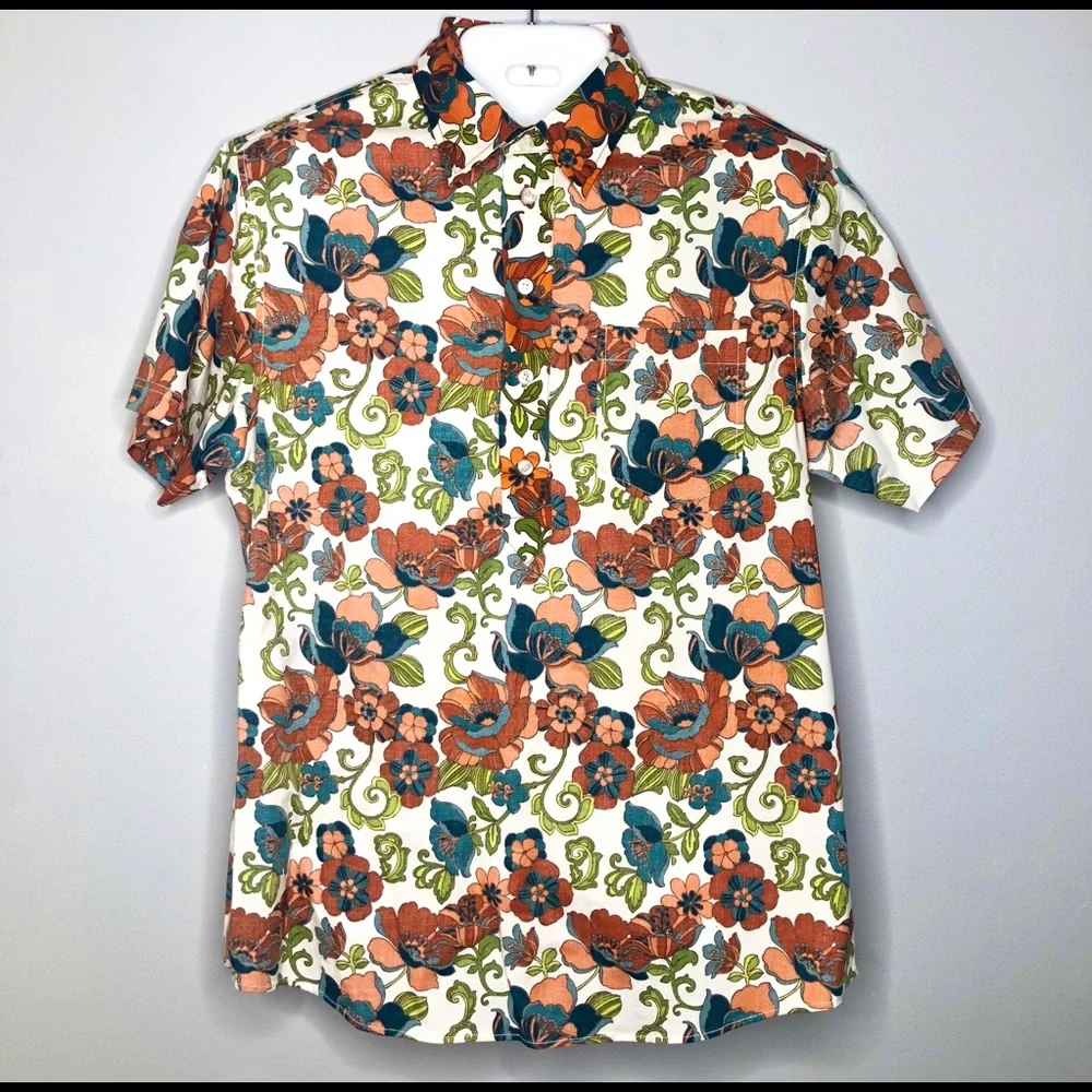 FABRIC BY BLACKBURN Floral Short Sleeve Cotton Oxford Button Down Collar Polo